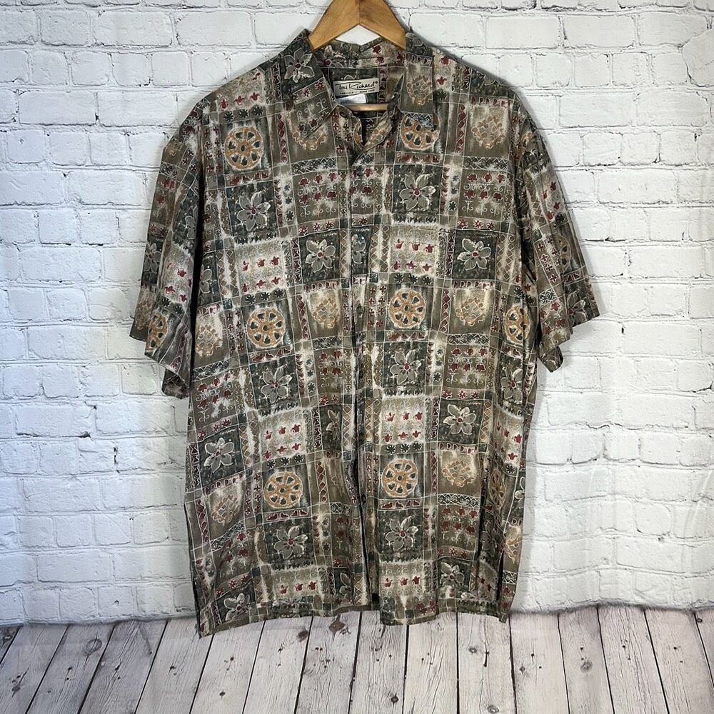 Tori Richard Shirt Mens XL‎ 100% Cotton Lawn Hawaiian Short Sleeve Brown Green